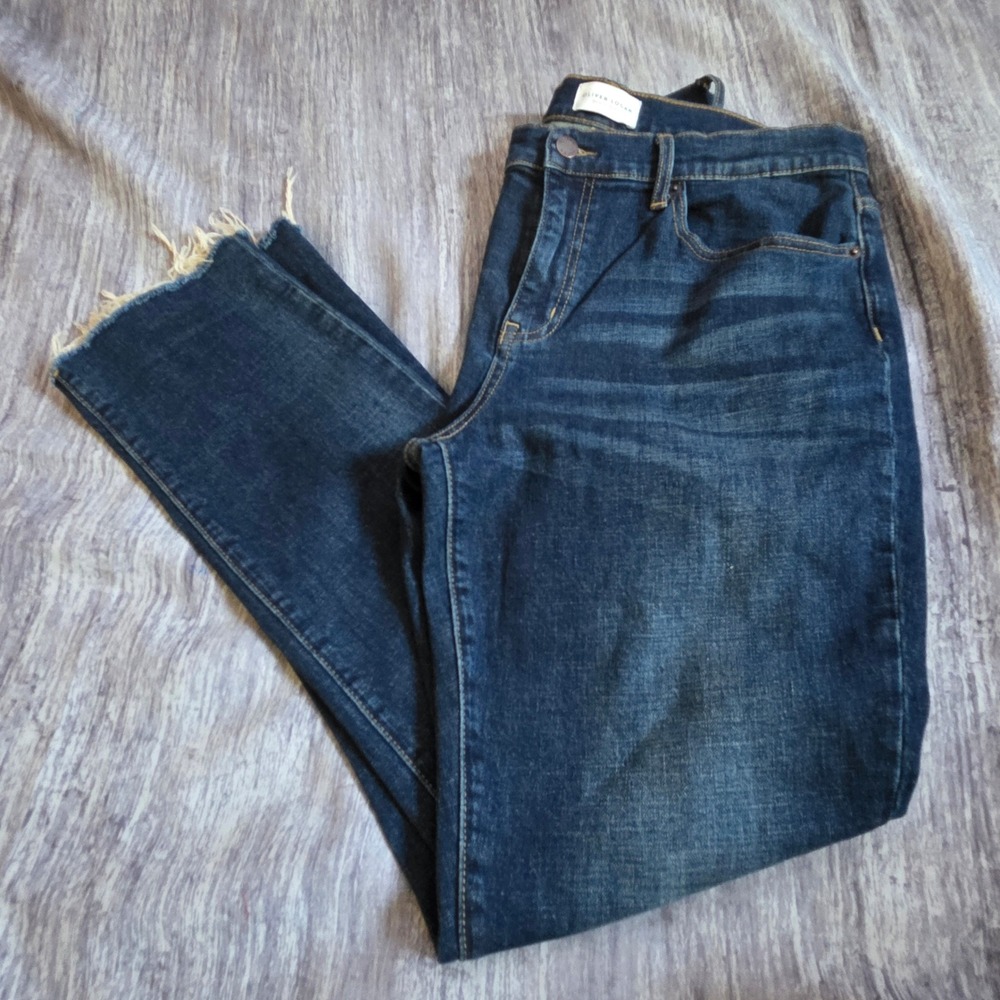 Oliver Logan Crosby Relaxed Taper Jeans Dark Wash Raw Hem High Rise Size 28